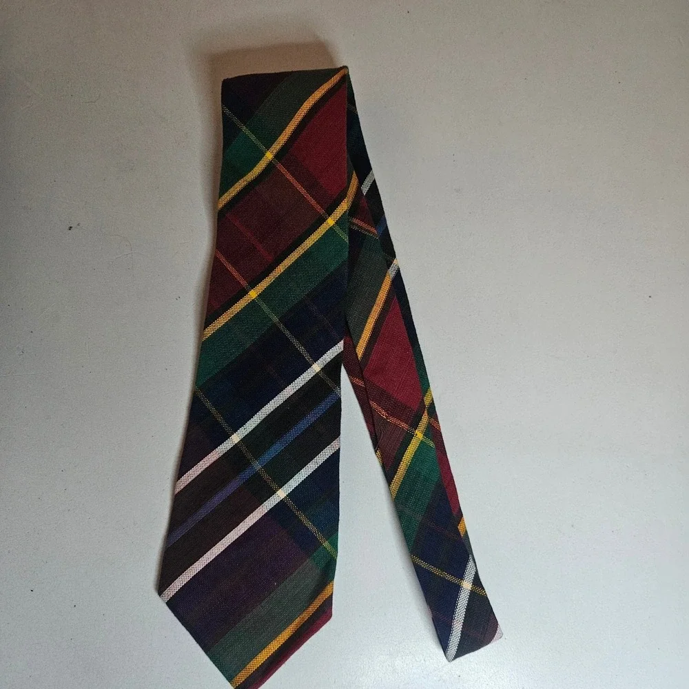 Vintage Rooster Mens Plaid Cotton Necktie Multi Color Made in USA Preppy Tie